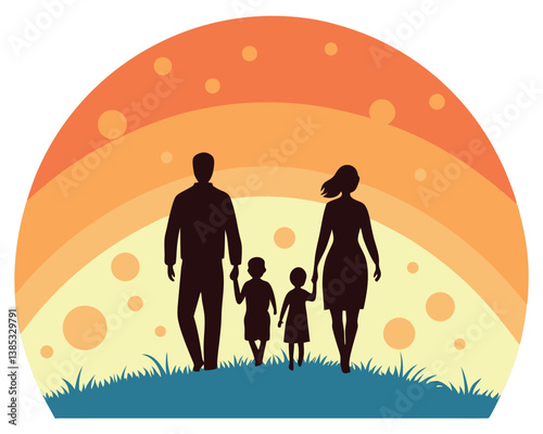 Family Silhouette Walking at Sunset: Parents and Two Children Together.