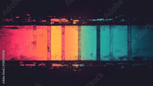 Vibrant VHS style orange pink teal white psychedelic grainy gradient color flow wave on black background, music cover dance party poster design. Retro, Generative AI