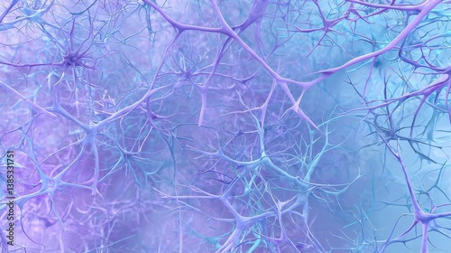 Intricate neural connections illuminated in shades of blue and purple with a soft gradient background