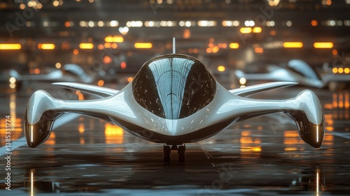 Futuristic Flying Vehicle on a Wet Runway at Night