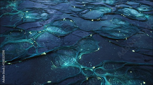 Intricate patterns of glowing bioluminescence illuminate a dark, rocky surface at night
