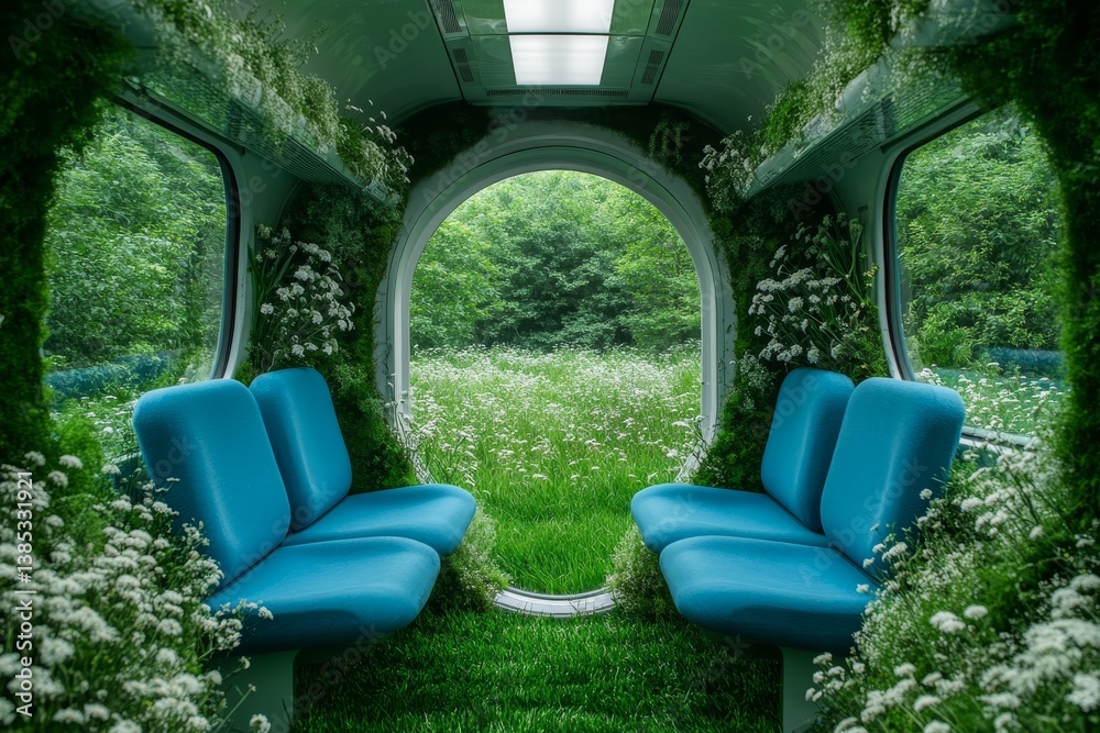 Futuristic train interior with grass and wildflowers blending nature and transport for eco-conscious campaigns