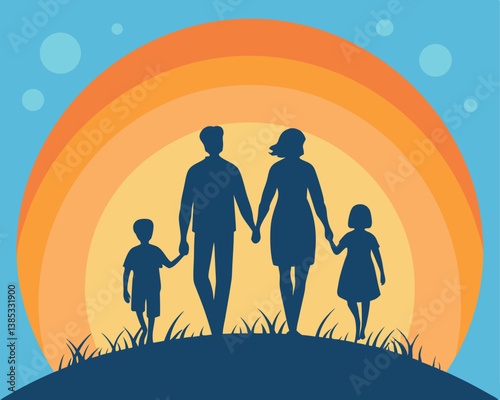 Family Silhouette Walking at Sunset: Parents and Two Children Together.