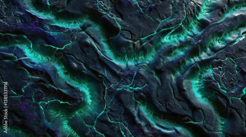 Abstract texture with glowing turquoise lines and dark background creating a futuristic landscape effect