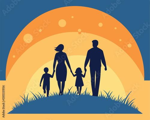 Family Silhouette Walking at Sunset: Parents and Two Children Together.