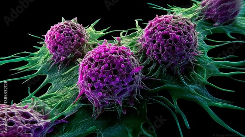 Microscopic view of vibrant cancer cells showcasing intricate structures and textures in a dark environment