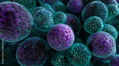 Colorful view of microscopic cells showcasing vibrant patterns and structures in a laboratory setting