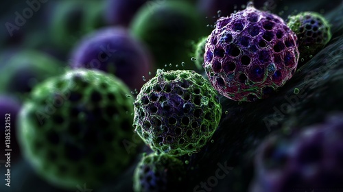 Colorful microscopic view of cells showcasing intricate structures in a biological environment