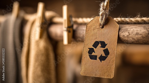 Sustainable living practices highlighted through a recycled fabric care tag hanging on a wooden rod in a cozy interior space