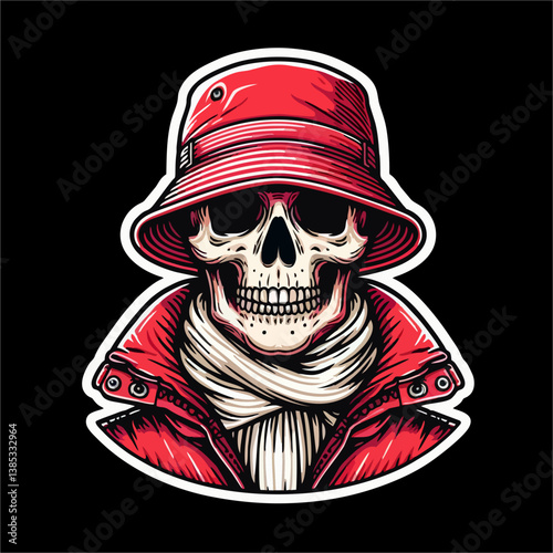 Vector illustration of Skull head Football fans hooligan ultras with red white color