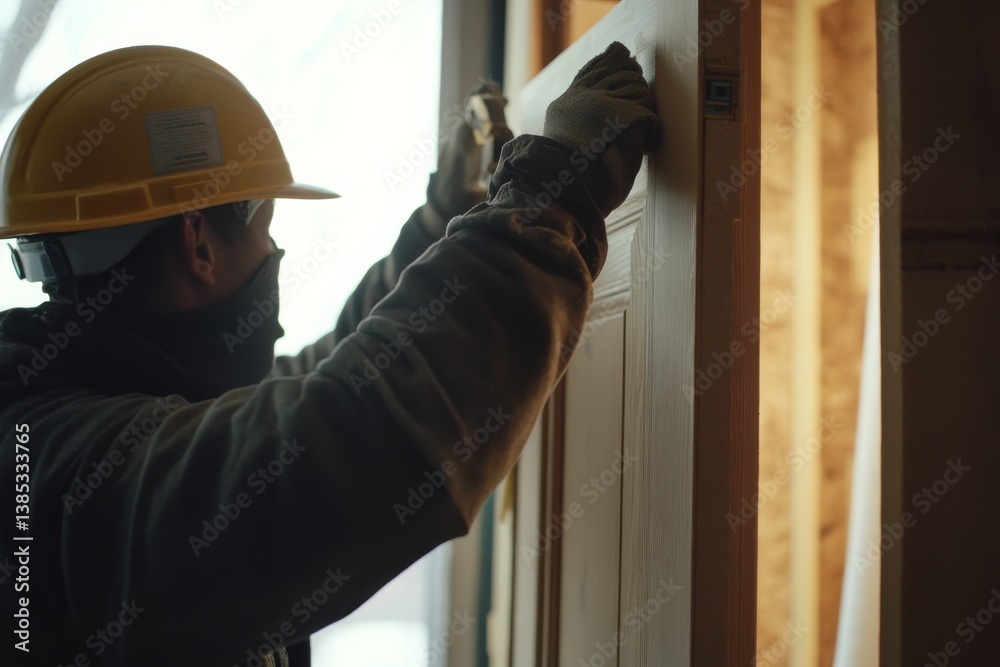 A construction worker installing a door frame at a job site. Featuring skill and precision A construction worker installing a door frame at a job site. Featuring skill and precision