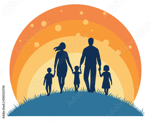 Family Silhouette Walking at Sunset: Parents and Two Children Together.