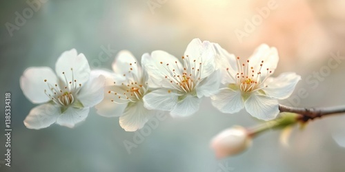 Delicate white cherry blossoms blooming on a thin branch elegantly