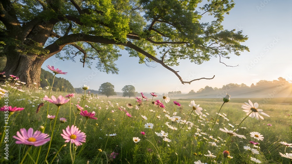 Sunlit Meadow with Wildflowers and Tree - Serene Nature Landscape at Sunrise Sunlit Meadow with Wildflowers and Tree - Serene Nature Landscape at Sunrise