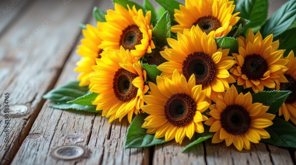 Fototapeta premium Beautiful bouquet of sunflowers on a weathered wooden surface