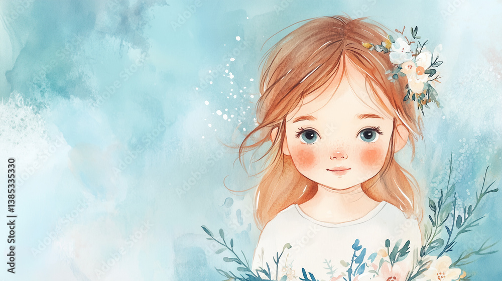 Cute girl smiling with flowers against a soft blue background Cute girl smiling with flowers against a soft blue background