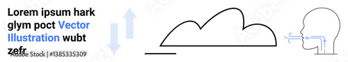 Human profile exhaling air, arrows indicating airflow, minimal cloud outline. Ideal for atmosphere, science, weather, respiration, sustainability, health simple landing page