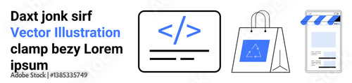 Coding tag, paper shopping bag with recycling logo, and storefront mobile app. Ideal for online shopping, development, eco-friendly commerce, mobile design, web services, sustainability simple