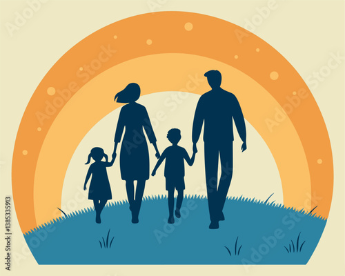 Family Silhouette Walking at Sunset: Parents and Two Children Together.