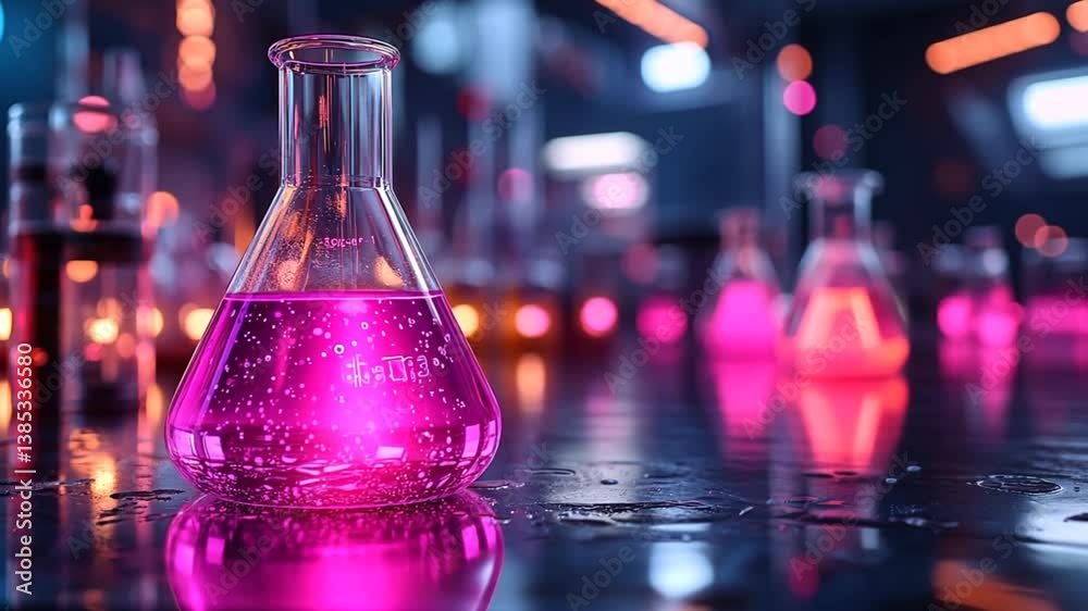 Pink liquid flask in science lab, experiment, vibrant lighting, stock photo