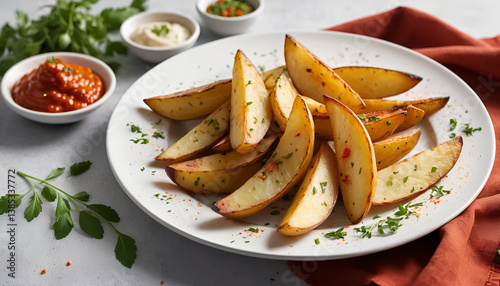 baked homemade golden crispy potato wedges with sauce dip white plate, top view, delicious, tasty, fries