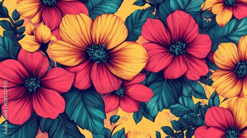 Wallpaper Mural Vibrant red and yellow flowers, tropical foliage, yellow background, floral design, textile print Torontodigital.ca