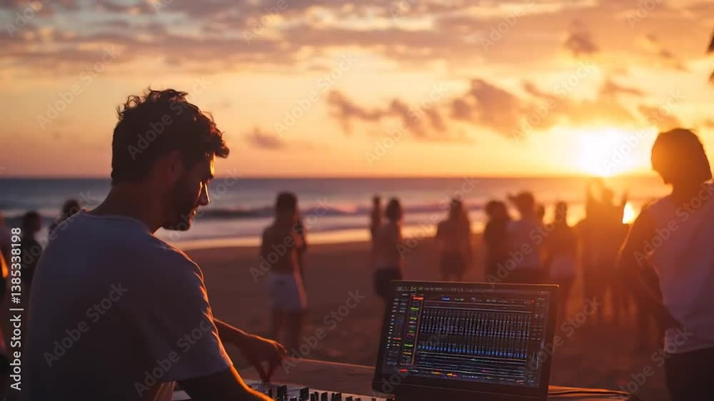 The DJ stands with his back to the camera on the beach, controlling the DJ console.In the background, you can see the sunset over the ocean, as well as a group of people enjoying the atmosphere on the