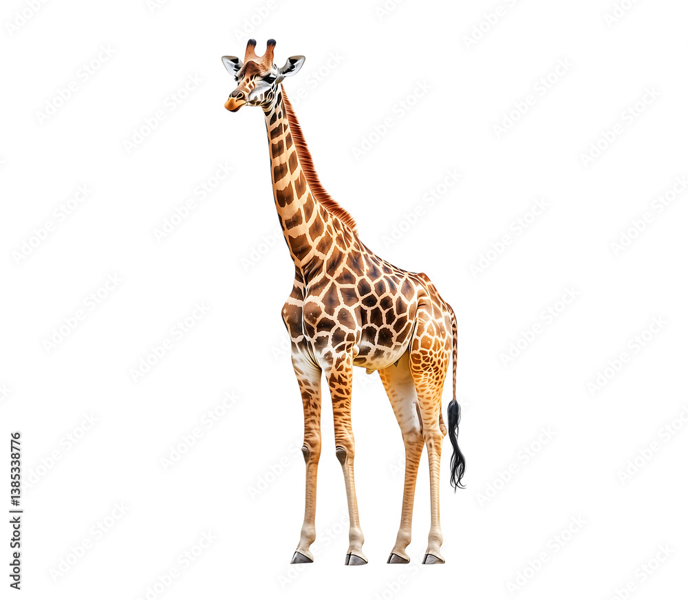 Fototapeta premium Standing giraffe with leafy branch, nature animal isolated on transparent background