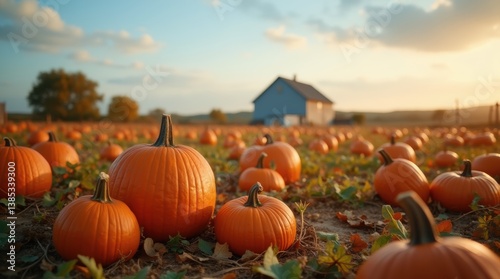 Fototapeta Naklejka Na Ścianę i Meble -  Sprawling pumpkin field under golden sunlight, vibrant orange pumpkins on green grass, clear blue sky, cozy countryside autumn scene