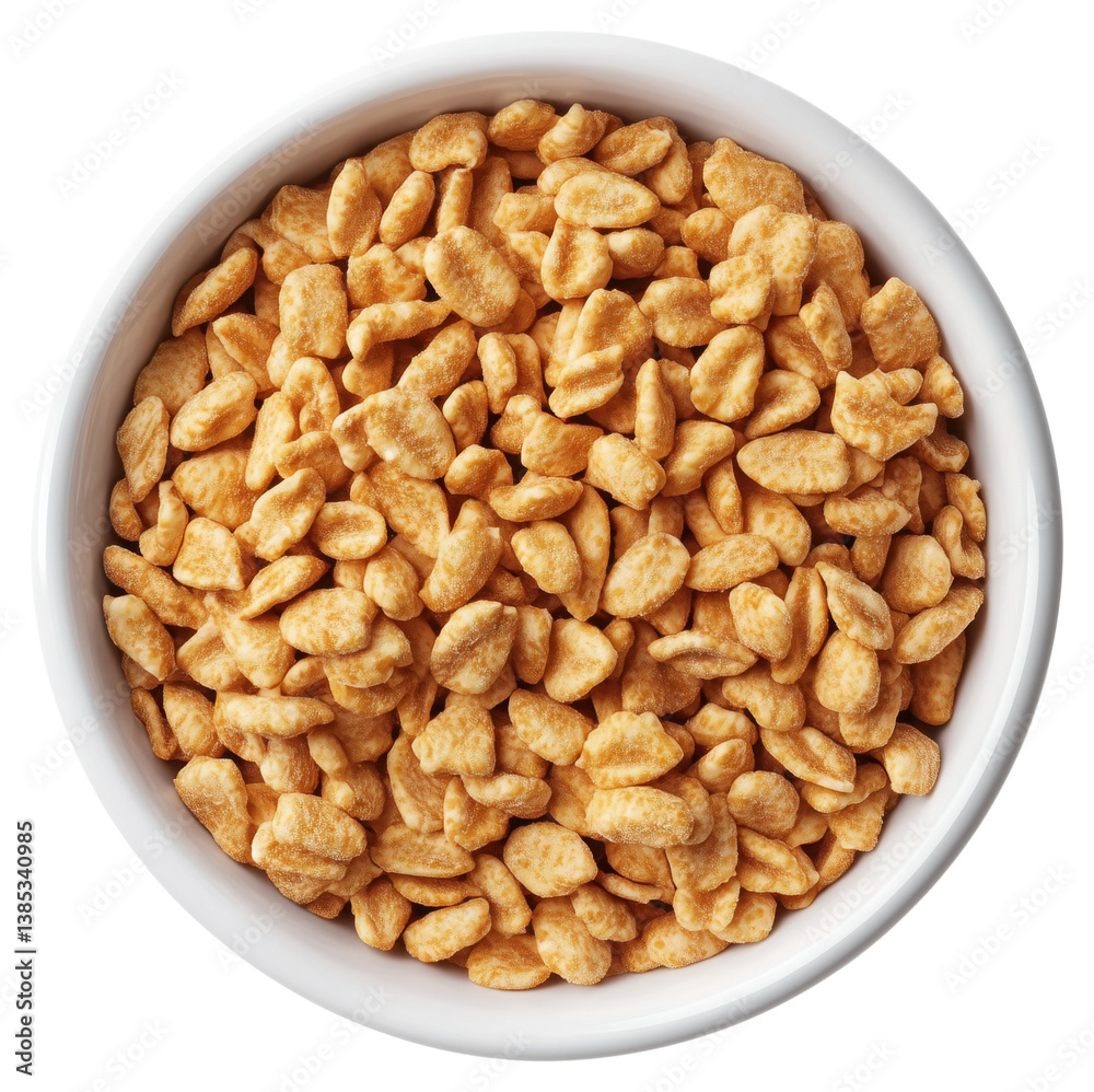 A white ceramic bowl filled with golden brown puffed wheat cereal isolated on transparent background.