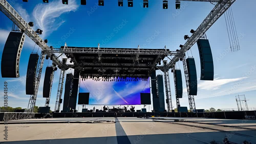 Massive outdoor concert stage setup with large LED screen, towering ...