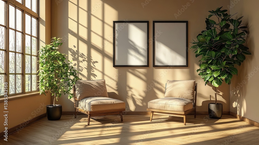 Fototapeta premium Sunlit room with armchairs and plants; mockup for art prints; interior design