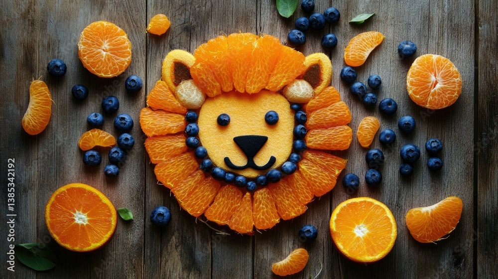 A funny and cute lion face created with fruit, featuring an orange mane and blueberry details, sitting on a wooden table.
