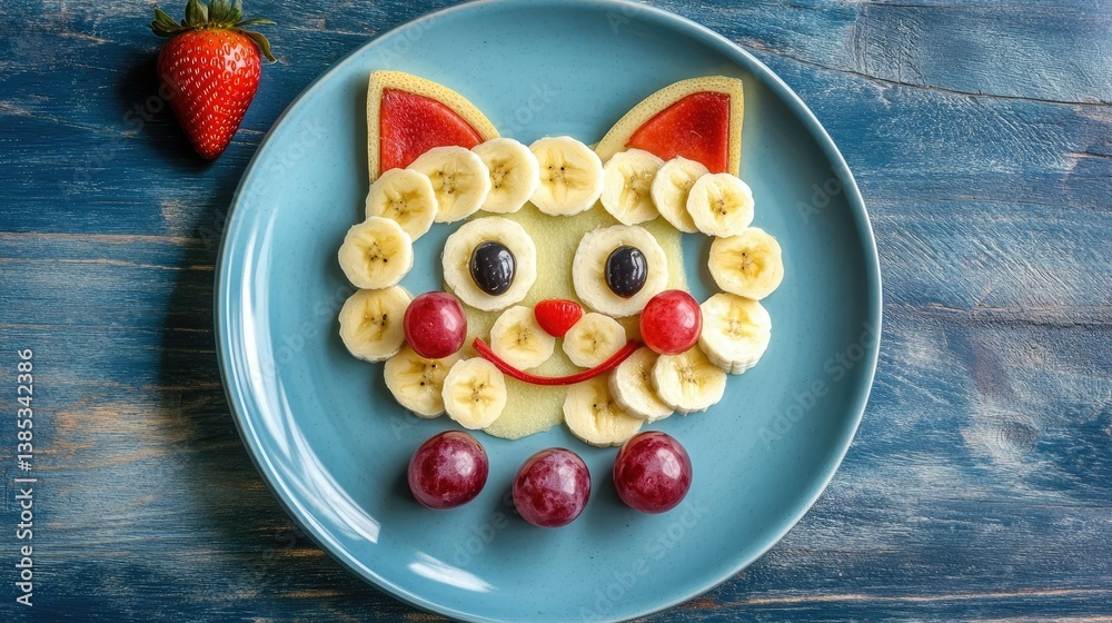 A funny cat face made from fresh fruit, featuring bananas, grapes, and strawberries, creating a fun and healthy food art. A funny cat face made from fresh fruit, featuring bananas, grapes, and strawberries, creating a fun and healthy food art.