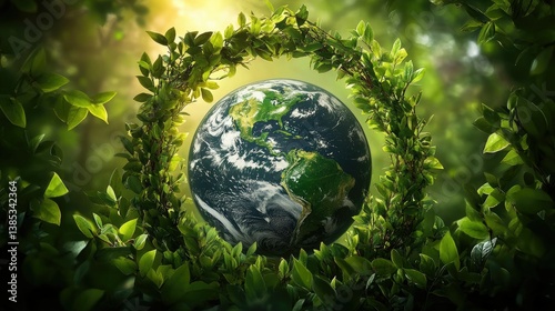 Planet earth globe surrounded nature green forest plants trees mountain foliage 