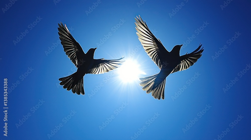 Obraz premium Two birds flying in a bright blue sky. Possible use Nature, freedom, wildlife