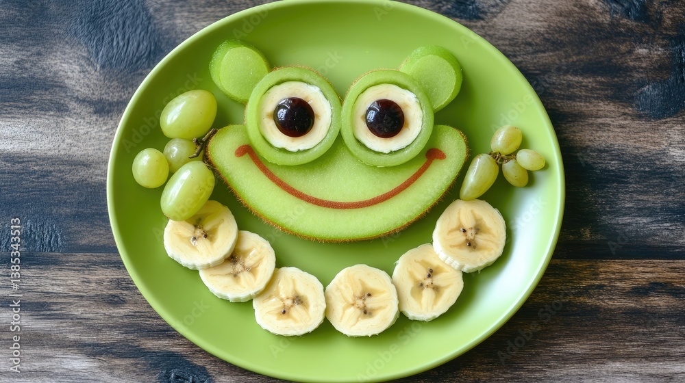 A happy frog face made with fresh fruit, using kiwi, grapes, and bananas, arranged playfully on a dish.