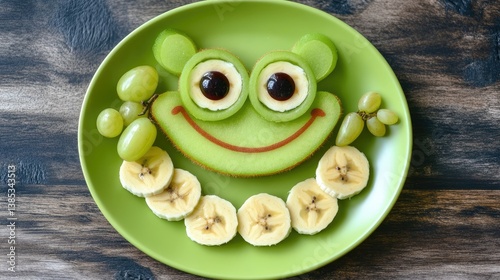 Obraz na płótnie A happy frog face made with fresh fruit, using kiwi, grapes, and bananas, arranged playfully on a dish. w salonie