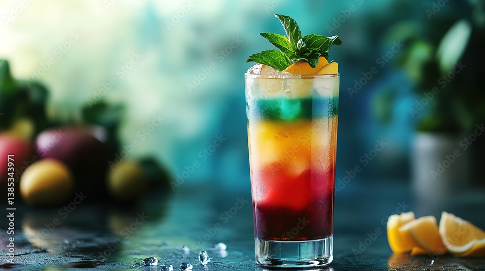 Fototapeta premium A colorful layered summer cocktail served in a tall glass.