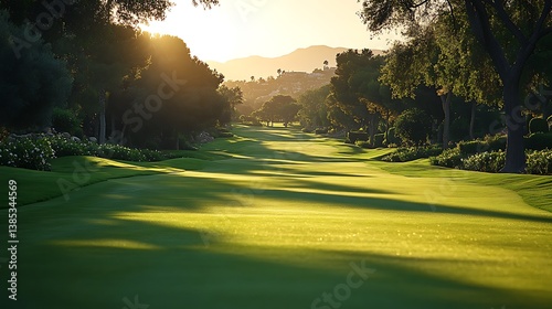 Lush Golf Fairway Sunset Light Shadows Calm Course Trees Nature Scenic Beauty Photo