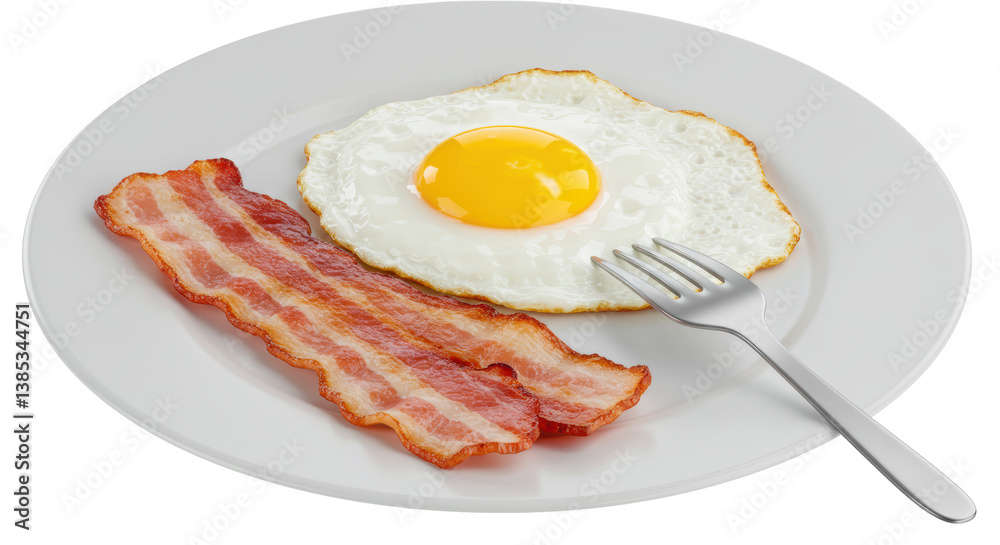 Isolated Fried Egg with Bacon Strips on White Plate with Fork Isolated Fried Egg with Bacon Strips on White Plate with Fork