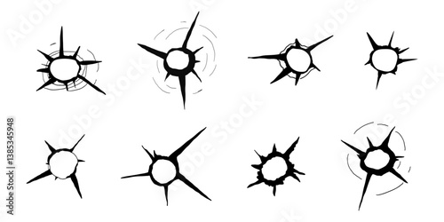 Bullet hole gun shot weapon mark silhouette, impact gun, bullet hole gunshot. Damage from shoot.