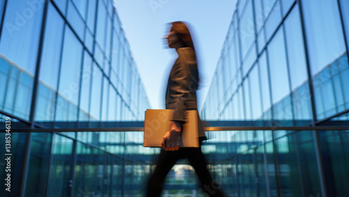 Motion blur photo of a woman walking in a business district with glass skyscrapers reflecting the sky and a hurried, professional pace