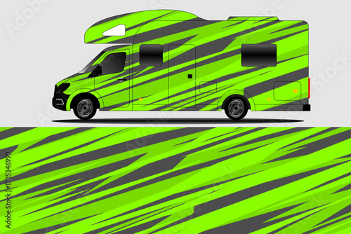 Vibrant green and gray striped camper van design showcased on a minimalist background
