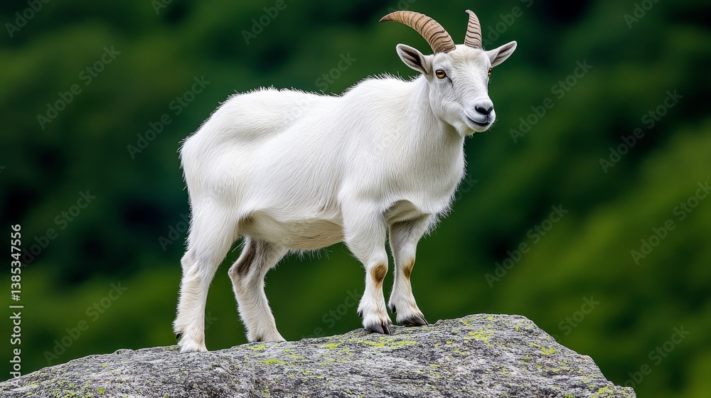 Obraz premium A mountain goat standing on a steep rocky ledge, overlooking the valleys of Olympic National Park