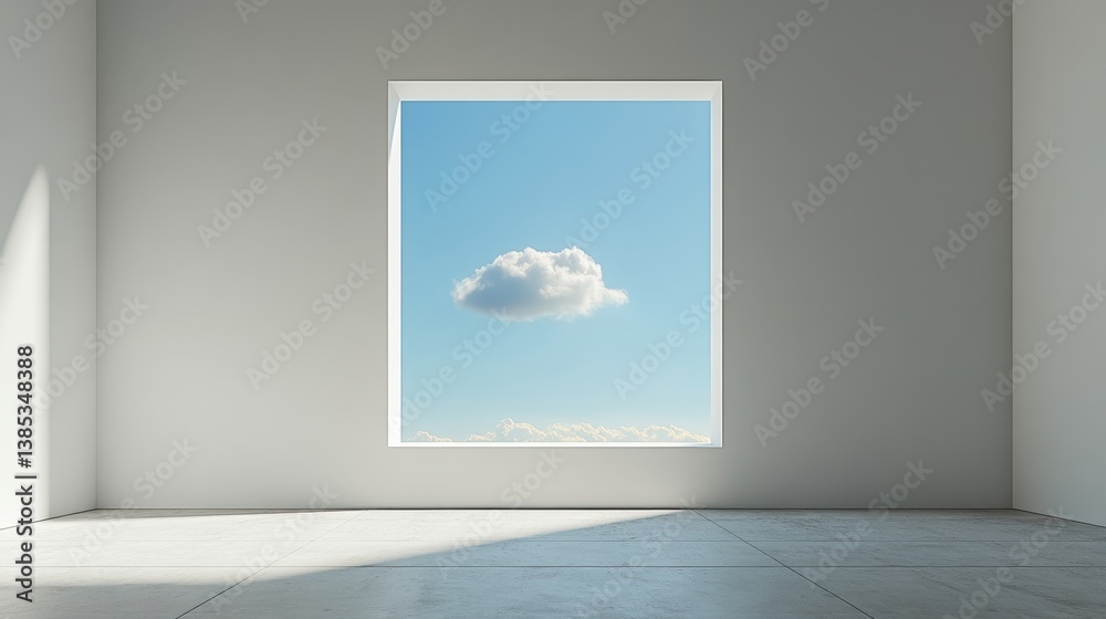 Minimal interior with large square window framing single cloud in serene blue sky for concept visuals and modern branding