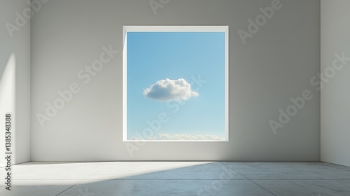 Obraz na płótnie Minimal interior with large square window framing single cloud in serene blue sky for concept visuals and modern branding w salonie