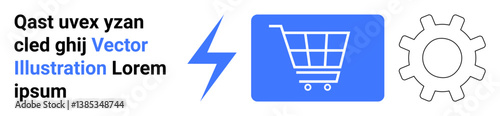 Blue shopping cart graphic alongside a bolt and gear outline symbolizes online trade, power, automation, sustainability, innovation, energy flow, and system optimization. Ideal for e-commerce