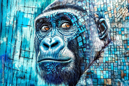 Vibrant portrait of a chimpanzee with colorful mosaic background and artistic color effects enhancing its expression