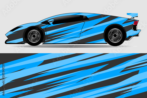 Sleek blue and black sports car illustration showcasing dynamic design against a neutral background